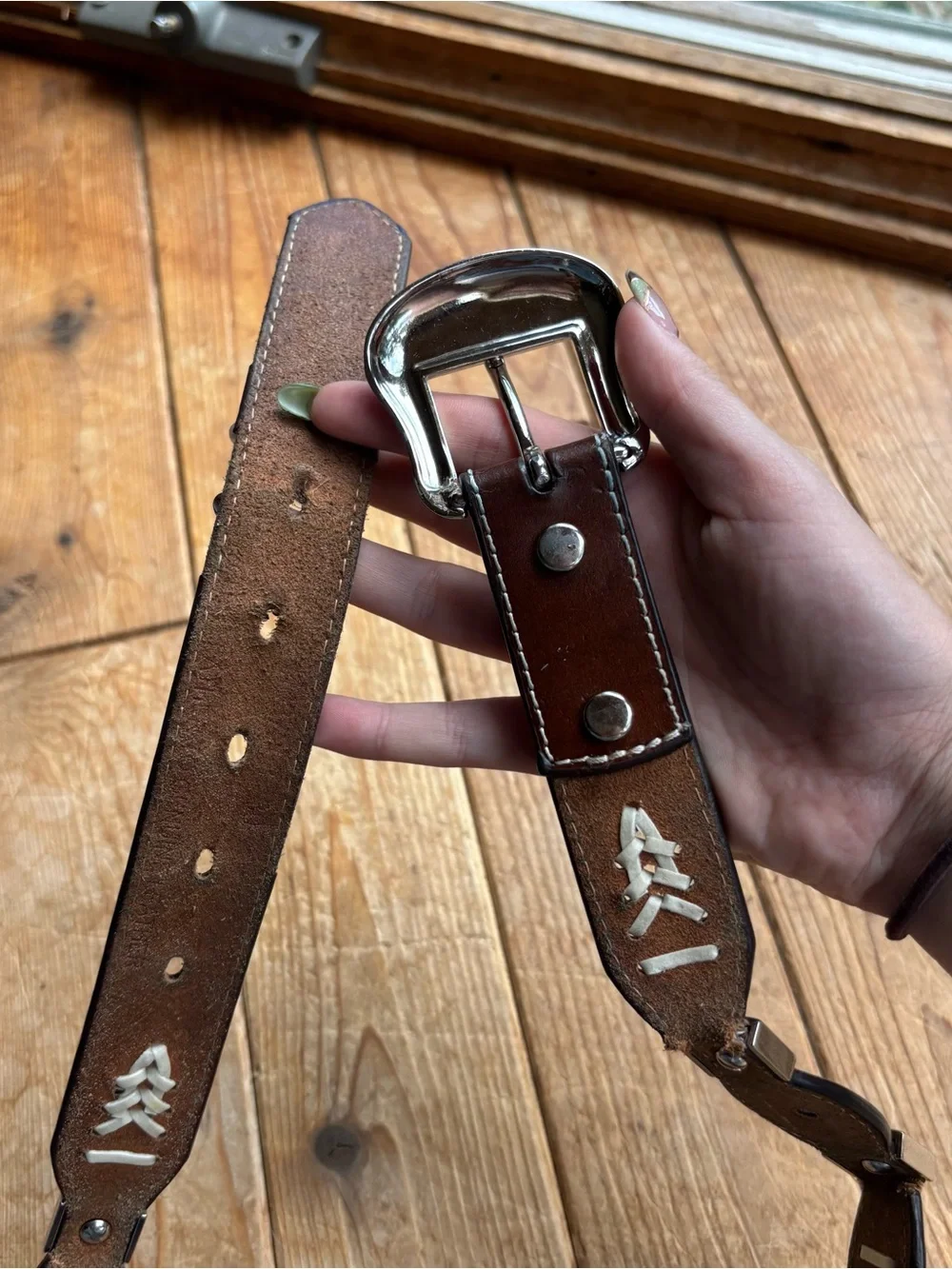 Western Style Brown Leather Belt with White Stitch Detail